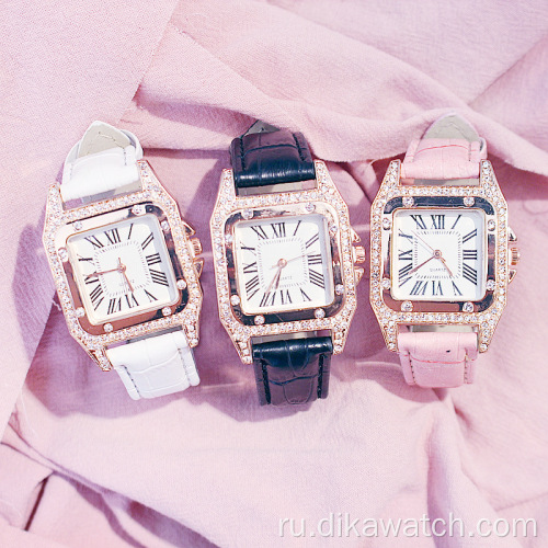 Горячие женские модные кожаные ремешки с квадратными бриллиантами, кварцевые наручные часы, роскошные часы, подарочный набор с кристаллами для женщин